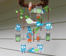Whoo Loves You Baby Mobile with Nest with Orange and Teal